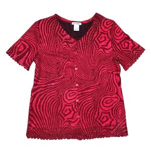 BELLE AMIE Short Sleeve Red Top S Blouse Wavy Swirl‎ Scalloped Hem Glitter